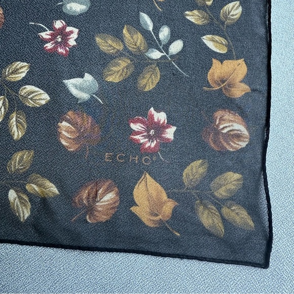 ECHO Autumn Fall Leaves Flowers Black Sheer Square Silk Scarf 21x21" - Picture 2 of 5